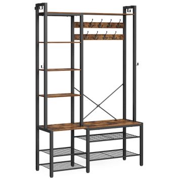 Cuier hol cu banca si raft pantofi, 9 carlige, design industrial, 120x40x190 cm, maro rustic Da