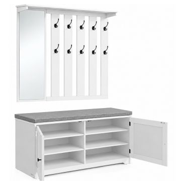 Cuier hol cu pantofar si oglinda, piese separate, 10 carlige duble, banca cu sezut captusit, PAL, 101x40 cm, alb
