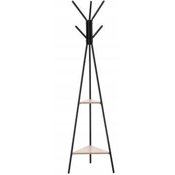 Cuier hol, metalic, 2 rafturi MDF, design minimalist, 180 cm, negru