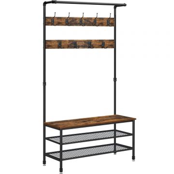 Cuier pentru haine cu 9 carlige si suport pentru pantofi, stil industrial, cadru din otel, 100x42x182 cm