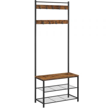 Cuier pentru haine cu banc de depozitare a pantofilor, cadru din otel, 32x70x177cm, industrial, maro rustic si negru