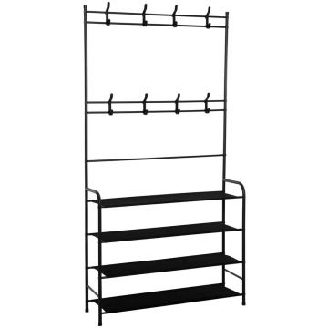 Cuier pentru haine cu banc de depozitare pantofi pe 4 polite, cadru metalic, 25x80x150cm, negru