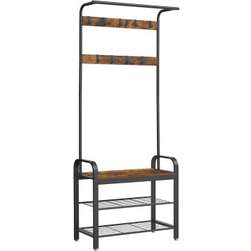 Cuier pentru haine, cu banc depozitare pantofi, 9 carlige detasabile, sina pentru haine, 34x77x183cm, industrial, maro rustic si negru