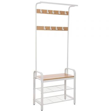 Cuier pentru haine cu banca de depozitare a pantofilor, cu 9 carlige detasabile, o sina pentru haine, 34x72x183 cm, modern, stejar si crem