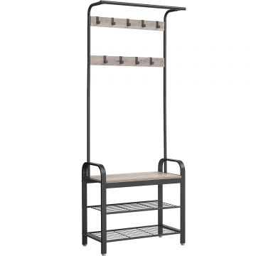 Cuier pentru haine cu banca de depozitare pantofi, cu 9 carlige si sina pentru haine, 34x72x183 cm, gri si negru