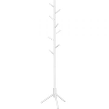 Cuier pentru haine, din lemn masiv, tip pom, cu 8 carlige, 175cm, alb