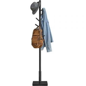 Cuier pentru haine, din lemn masiv, tip pom, cu 8 carlige, baza patrata, 175cm, negru