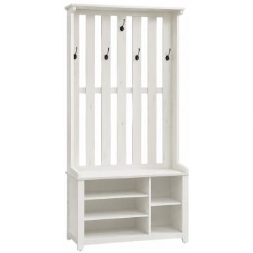 Cuier pentru hol cu banca, raft pantofi si 7 carlige duble, 81x35x180 cm, alb rustic