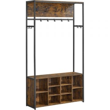 Cuier pentru hol cu banca si pantofar, raft superior, carlige reglabile, cadru metalic, stil industrial, 100x32x180 cm, maro rustic