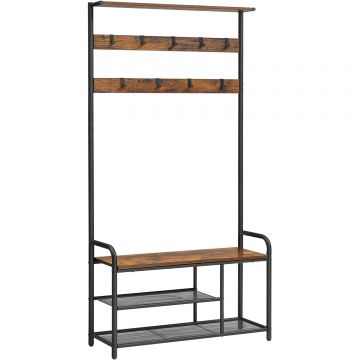 Cuier pentru hol cu banca si suport pantofi, stil industrial, 84x34x183 cm, maro rustic Da