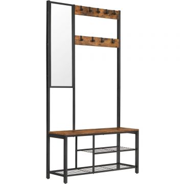Cuier pentru hol cu oglinda si 9 carlige detasabile, structura metalica, stil industrial, 98x36x185 cm, maro rustic