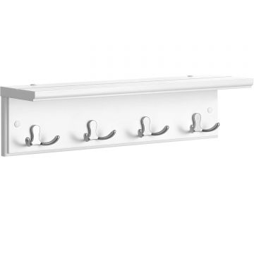 Cuier perete cu raft, 4 carlige duble metalice, MDF, 42x11x15 cm, alb