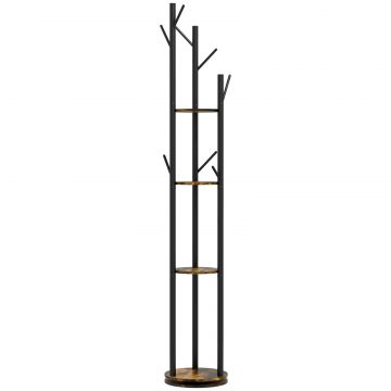 Cuier rotativ de podea cu 8 carlige si 4 rafturi, stil industrial, O30x175cm, maro
