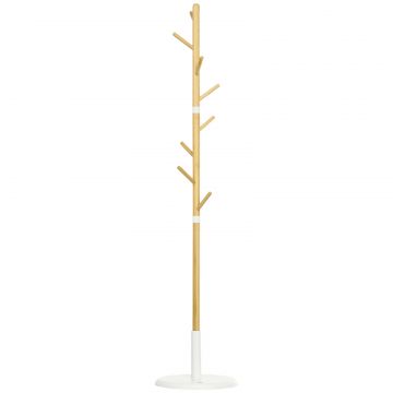 Cuier Vertical cu 8 Carlige cu Baza Rotunda din Bambus, Lemn si Metal, O37,8x175,6 cm, Lemn Natural