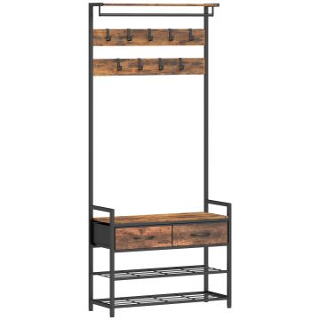 HOMCOM Cuier cu cârlige pentru haine, bancă pentru încălțăminte, organizator industrial pentru hol, cadru din oțel, Maro rustic | Aosom Romania