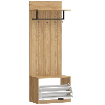 HOMCOM Cuier de Hol cu Pantofar Rabatabil, Cuier cu Bancă, 4 Cârlige și Rafturi pentru Pantofi, Organizator Modern pentru Hol și Coridor, Stejar și Alb | Aosom Romania