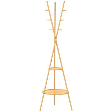HOMCOM Cuier freestanding cu 9 cârlige și 2 polițe pentru intrare, lemn natural | Aosom Romania