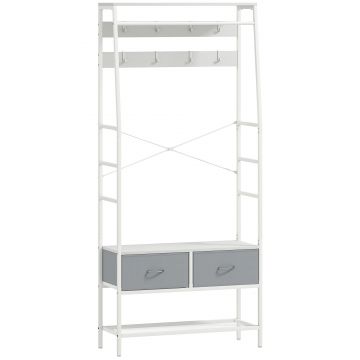HOMCOM Cuier pentru pantofi cu spațiu pentru pantofi, cârlige, sertare, bară și raft pentru intrare, hol, living 80x30x180,5 cm Alb | Aosom Romania