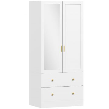 HOMCOM Dulap dormitor cu bară de suspendare și oglindă, 2 uși, 2 sertare, 80 x 50 x 180 cm, alb | Aosom Romania