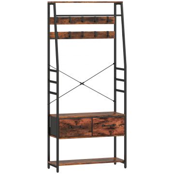 HOMCOM Mobilier de intrare 6 în 1 cuier bară pentru haine raft 2 sertare 10 cârlige 80 x 30 x 180 cm maro rustic | Aosom Romania