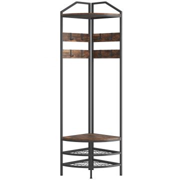 HOMCOM Mobilier de intrare de colț, vestiar cu 4 niveluri, depozitare pentru încălțăminte, 8 cârlige mobile, 2 rafturi, maro rustic | Aosom Romania