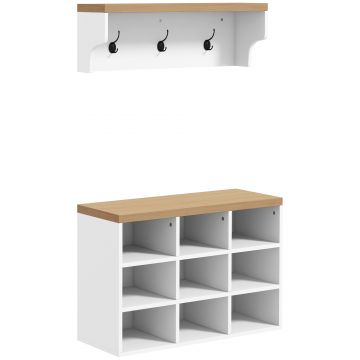 HOMCOM Set mobilier pentru hol 2-în-1 cuier de perete băncuță pentru încălțăminte 3 cârlige și 9 nișe 75x30x50cm alb și stejar | Aosom Romania