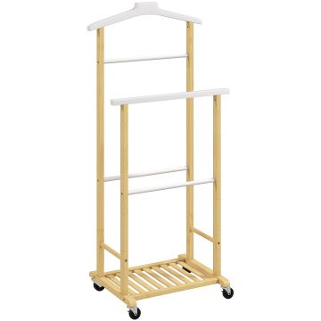 HOMCOM Stand valet din bambus cu roți Umeraș superior Bare pentru pantaloni și poliță inferioară pentru pantofi Natural și Alb | Aosom Romania