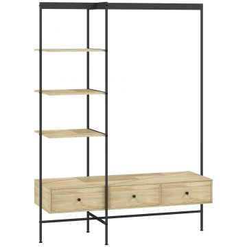 HOMCOM Stativ pentru haine cu rafturi, sertare și bara pentru umerașe, stativ independent de 180 cm în stil modern, cadru metalic, stejar | Aosom Romania