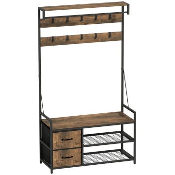 HOMCOM Suport pentru haine 6-în-1 cu raft pentru pantofi, stil industrial, 10 cârlige, 2 sertare textile, metal, maro | Aosom Romania