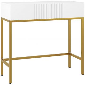 Masa Consola cu 2 Sertare, Masa Moderna de Intrare cu Baza din Otel in Ton Auriu, 80x31.5x75 cm, Alb