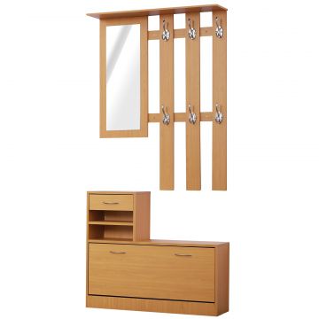 Mobilier Garderoba Dulap Pantofi Reglabil cu Oglinda si Cuier 6 carlige pentru Hol si Dormitor 90x22x116cm Lemn
