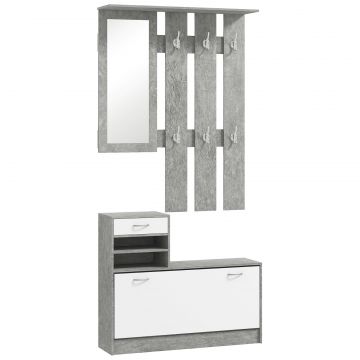 Mobilier pentru Hol cu Raft pentru incaltaminte, Oglinda, 6 Carlige, 2 Rafturi si Sertare, 90x24x177 cm, Gri
