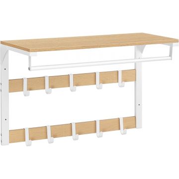 Raft de perete tip cuier, 10 carlige detasabile, sina pentru haine, 30x65x42cm, stejar si alb