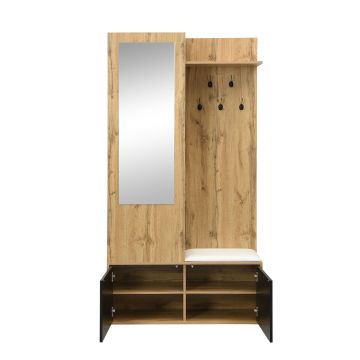 Set pentru hol cu 5 cârlige pentru haine, oglindă, dulap pentru încălțăminte și bancă pentru hol, 100x38x191 cm, Negru+Culoare naturală