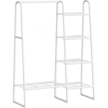 SONGMICS Cuier cu 5 rafturi si bara pentru haine, structura metalica, stil industrial, 40x102x153 cm, alb