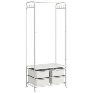 Suport de Haine cu Dulap pentru Pantofi, 4 Cosuri si 8 Carlige, din Otel si Plastic, 63x37x153 cm, Alb