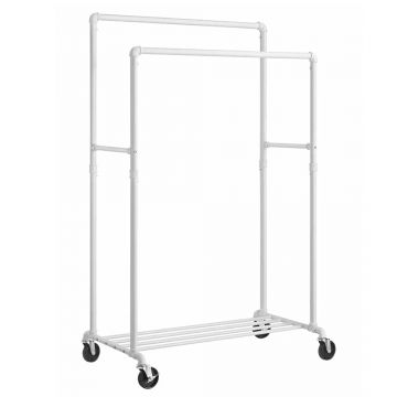 Suport haine cu 2 bare si raft, cu roti, cadru metalic, design industrial, 100x59x162 cm, alb Da