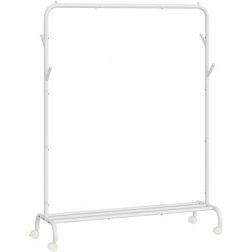 Suport haine metalic cu roti si raft inferior, stil industrial, 103x41x155 cm, alb