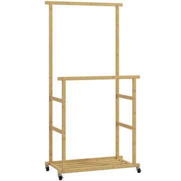 Suport pentru haine cu 2 bare, raft inferior si 4 roti din bambus, 80x40x160 cm, lemn natural