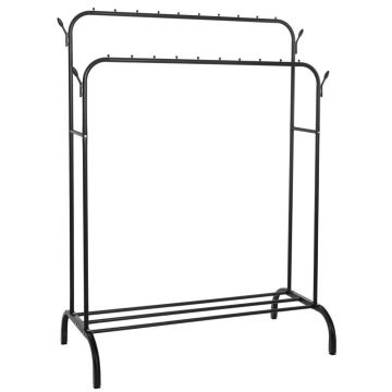 Suport pentru haine cu cadru metalic, cu sina dubla de agatat si carlige cuier, 55x110x146cm, negru