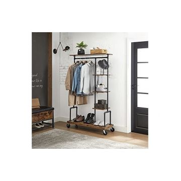 Suport pentru haine cu roti, Vasagle, 5 niveluri, HSR66BXV1, Maro Rustic