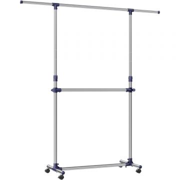 Suport pentru haine cu sina superioara extensibila 101-165 cm, pe roti, reglabil in inaltime 113-180 cm, argintiu