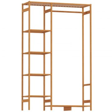 Suport pentru Haine din Bambus cu Rafturi pe 6 Niveluri si Bara pentru Haine, Stender pentru Dormitor si Hol, Design Modern, 90x30x145 cm, Lemn