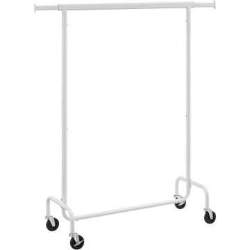 Suport pentru haine extensibil pe roti, bara reglabila 110-150 cm, stil industrial, 150x45x160 cm, alb mat Da