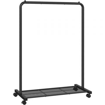 Suport pentru haine mobil cu roti, bara umerase si raft, stil industrial, 91x41x158 cm, negru Da