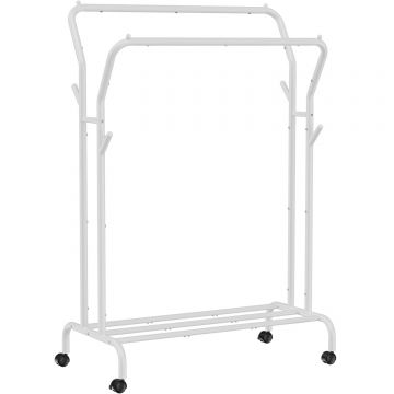 Suport pentru haine pe roti, cu polita, sina dubla, cadru metalic, sarcina 100kg, 53x104x155cm, alb