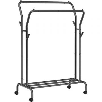 Suport pentru haine pe roti, cu polita, sina dubla, cadru metalic, sarcina 100kg, 53x104x155cm, negru
