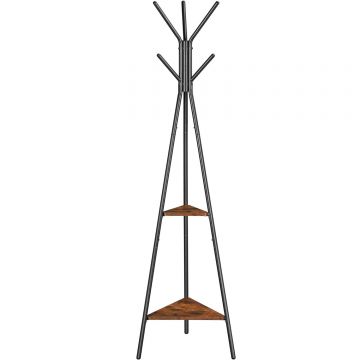 VASAGLE Cuier metalic, cu 2 rafturi MDF, inaltime 179cm, stil industrial, maro rustic si negru